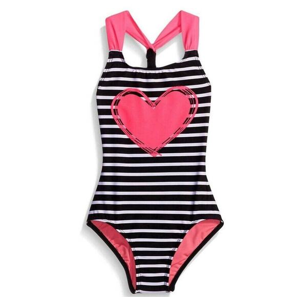 Freestyle Girls Heart Print Stripe Halter One Piece Swimsuit Multi Size 16 - Picture 1 of 2